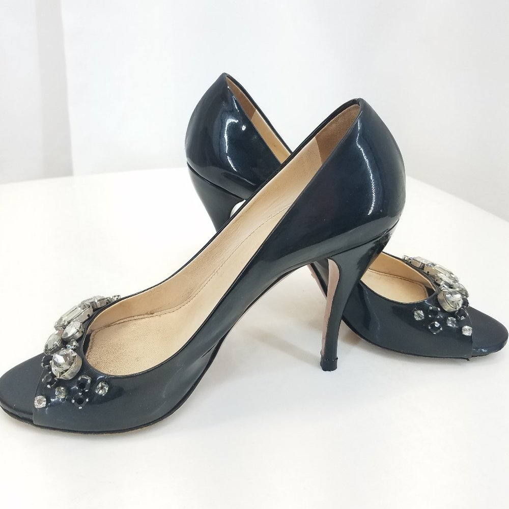 Prada Black Patent Leather Jeweled Peep-Toe Heels - Picture 2 of 9
